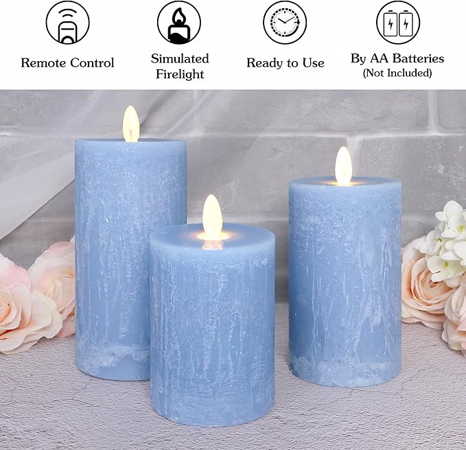 Rustic Blue Flameless Candles with Remote Control & Timer Function Real Wax Ocean Pillar LED Candles Rough Texture Design Battery Candles for Home Party Wedding Christmas Nautical Decor Set of 3