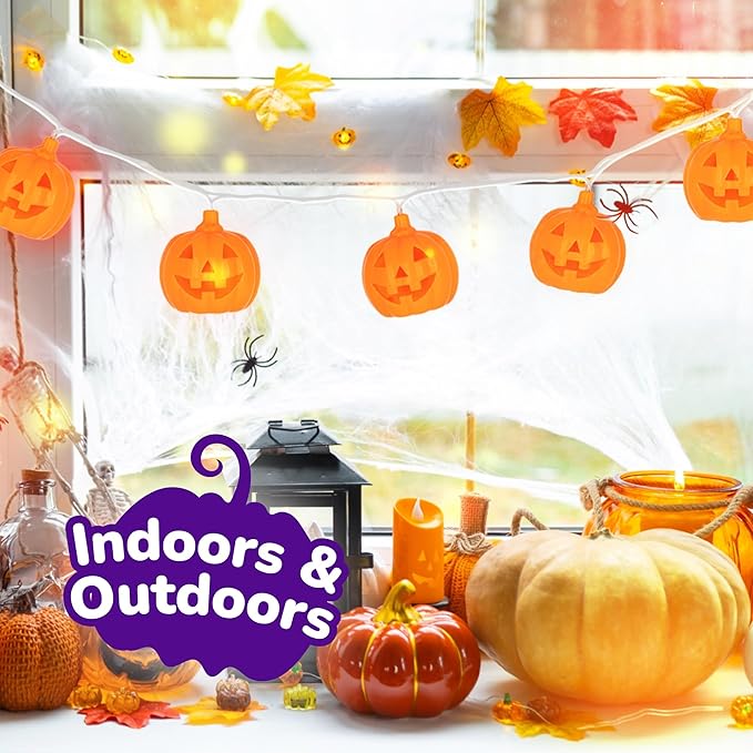 ArtCreativity 8.2 FT Halloween Pumpkin String Lights with Remote - 10 LED - Orange Jack-O-Lantern Decorations for Outdoor & Indoors - Cute Halloween Party Supplies - Battery Powered Pumpkin Deco