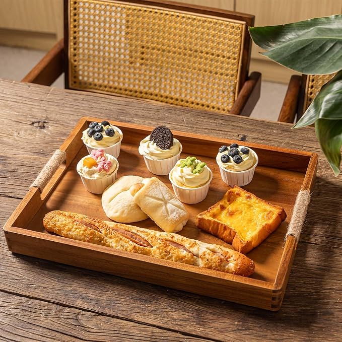 16.5 x 12 Inches Acacia Wood Serving Tray, Large Wooden Food Trays with Handles, Coffee Table Tray for Ottoman, Charcuterie, Parties, Eating, Snack, Decor, Outdoor Kitchen Counter Bandeja De Madera