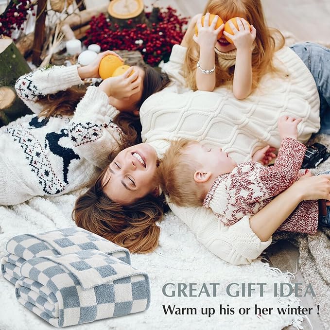 WRENSONGE Checkered Throw Blanket, Grey Blue Soft Cozy Fluffy Warm Hand Made Throw Blankets for Couch, Sofa, Chair, Bed, Camping, Picnic, Travel Lightweight Bed Blanket - 50"*70"