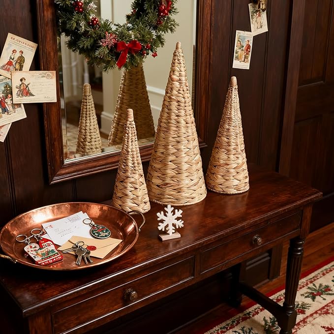 3pcs Woven Water Hyacinth Christmas Trees Decor, Artificial Christmas Tree Decorations for Home Party Table Village Craft Indoor Outdoor Vintage Christmas Decor(Natural)