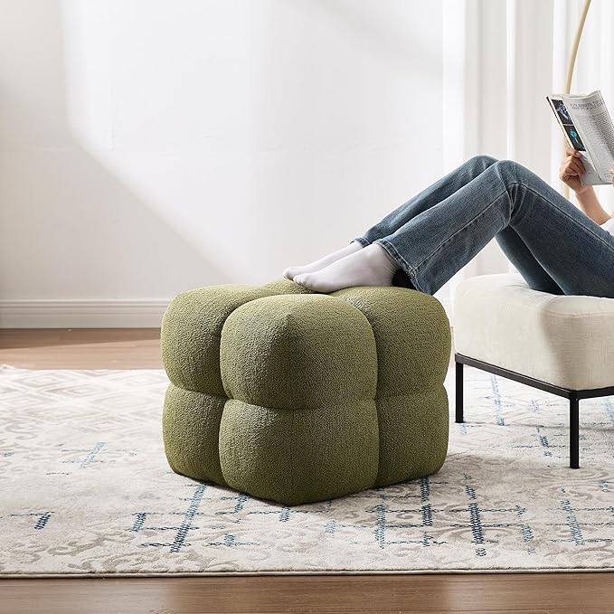 ONEVOG Olive Green Modern Ottoman, 21" Square Fuzzy Couch Sherpa Pouf Ottoman, Tufted Cute Boucle Fabric Foot Stools, Upholsered Footrest & Coffee Table & Vanity Chair for Living Room Bedroom, Dorm