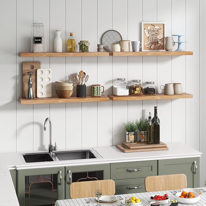 Rustic Elm Wood Floating Shelves for Wall, Flat Edge 24"W x 9.2"D x 1.4"H, Set of 2 with Invisible Bracket, Wall Mounted Storage Shelves for Living Room Bedroom Kitchen Bathroom Decor, Natural Finish