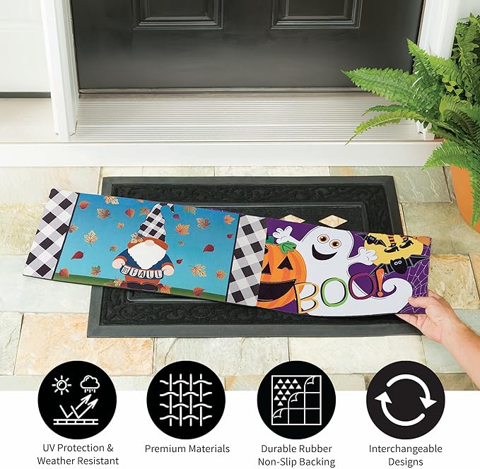 Evergreen Sassafras Fall Christmas Holiday Doormat Insert Bundle & Tray Set of 5, Interchangeable Entrance Door mats Indoor and Outdoor Welcome Mat 30 x 18 Tray Non Slip Backing Low Profile