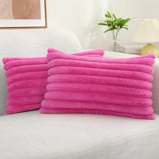 decorUhome Faux Fur Throw Pillow Covers 12x20 Set of 2, Decorative Soft Plush Striped Lumbar Neutral Couch Euro Pillow Covers with Velvet Back for Sofa, Bed, Living Room Home Decor, Hot Pink