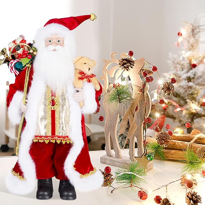 Uten 18" Santa Claus Decorations, Christmas Standing Figurine Ornaments with Gifts Bag and Small Bear for New Year Christmas Decoration Navidad Natal Gifts.