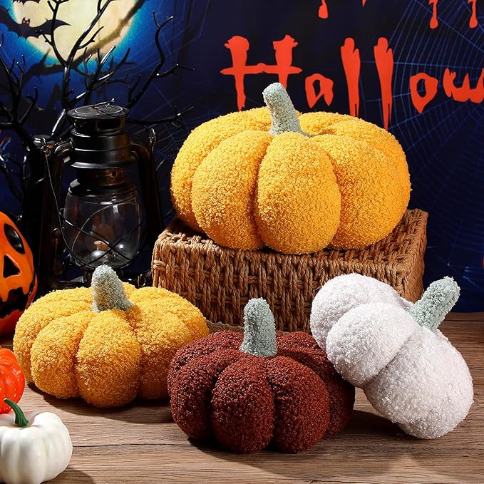 Kajaia 4 Pcs Fall Decor Pumpkin Throw Pillow Fall Pillow 11 Inches 7 Inches 3D Cushion Thanksgiving Sherpa Plush Fluffy Stuffed for Autumn Halloween Christmas Home Sofa(White, Yellow, Brown, Pink)