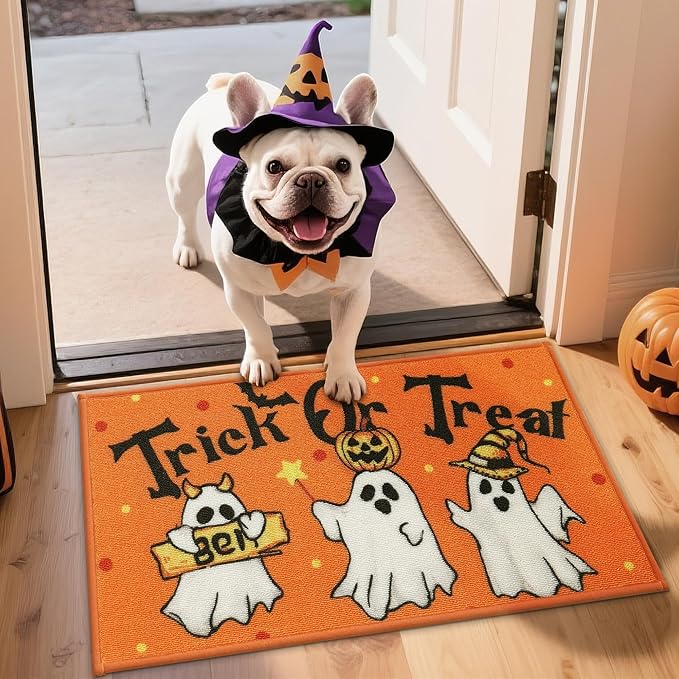 JSEI Halloween Holiday Doormat, 17''x30'' Non-Slip Ghost and Pumpkins Decorative Welcome Mats for Floor, Low-Profile Entryway Rugs Washable, Flying Ghosts Pattern