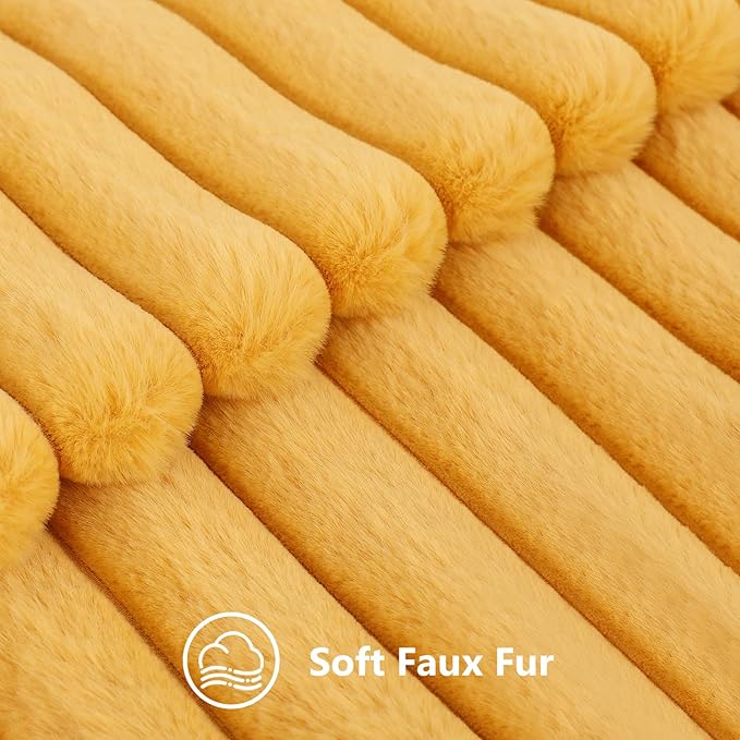decorUhome Faux Fur Throw Pillow Covers 24x24 Set of 2, Decorative Soft Plush Striped Neutral Couch Euro Pillow Covers with Velvet Back for Sofa, Bed, Living Room Home Decor, Mustard Yellow