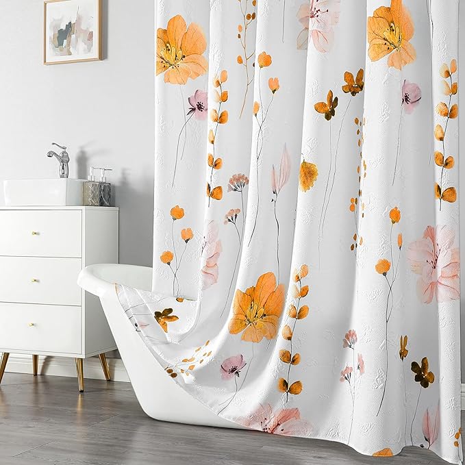 QIYI Watercolor Floral Shower Curtain, 3D Embossed Butterflies Orange Pink Flower Bathroom Curtain, Minimalist White Cloth Bath Curtain, Waterproof Fabric Textured Shower Curtain Set with Hooks, 72x72