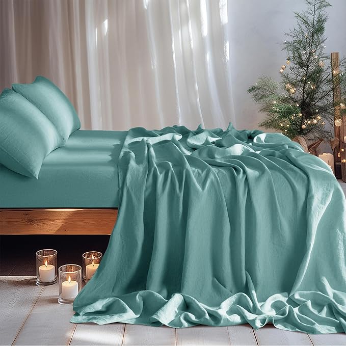 LBRO2M 100% Linen Sheet Set Queen Size,Bed Sheets 4 Piece Sets,Solid Color Natural Flax Bed Sheets Soft Breathable Bedding,16" Deep Pocket,All Season (Queen, Aqua)