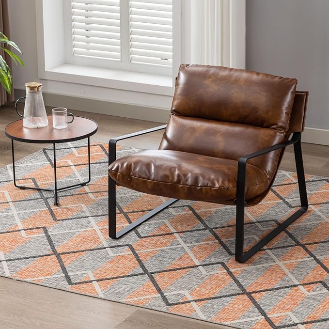 Mid-Century Accent Chair Set of 2, Comfy PU Leather Side Chair with Armrest, Upholstered Leisure Chair with Black Metal Frame for Living Room Bedroom Reception Room, Brown