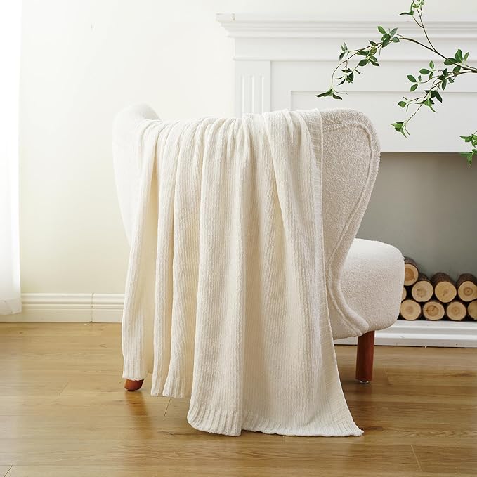 BATTILO HOME White Chenille Throw Blanket for Couch, Knit Cream Chenille Blanket for Bed, Sofa, Home Decor, Soft Warm Ivory Throw Blankets for Farmhouse,51"x67"