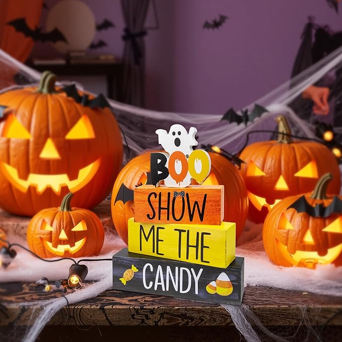 4 Pcs Halloween Wooden Tiered Tray Decor, Show Me the Candy Decorations Gifts for Home, Halloween Table Centerpiece for Fall Party Kitchen