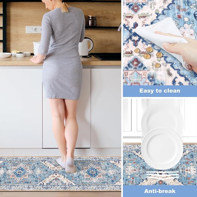 Yamaziot Boho Washable Kitchen Rugs Sets of 3, Non Slip Kitchen Mats for Floor with Rubber Backing, Waterproof & Stain Resistant Thick Carpet Runner Throw Rug for Kitchen, Laundry Room, Hallway