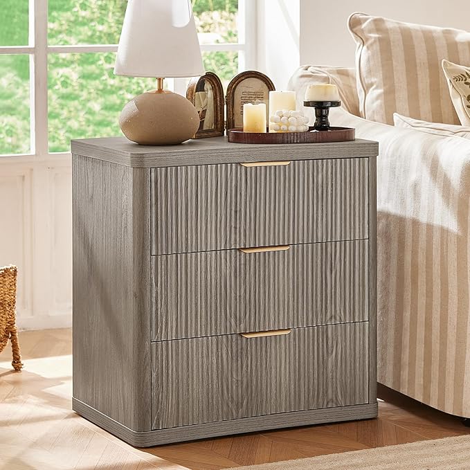 LEYAOYAO 23" Wide Fluted Night Stand with Charging Station,3 Drawers Large End Table with Storage,Grey Nightstand Wood Bedside Tables, Farmhouse Cabinet Dresser for Bedroom,Closet