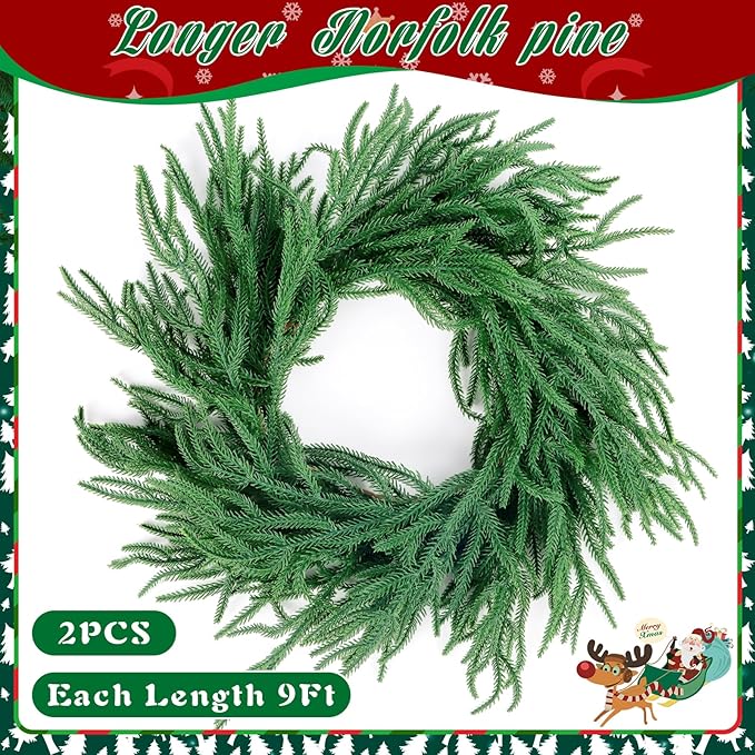 2 Pcs 9 Ft Norfolk Pine Garland, Artificial Dense Christmas Garland Ornaments, Real Touch Greenery Garland for Fireplace, Stairs, Table, Mantle, Wall, Indoor, Outdoor Christmas Decorations