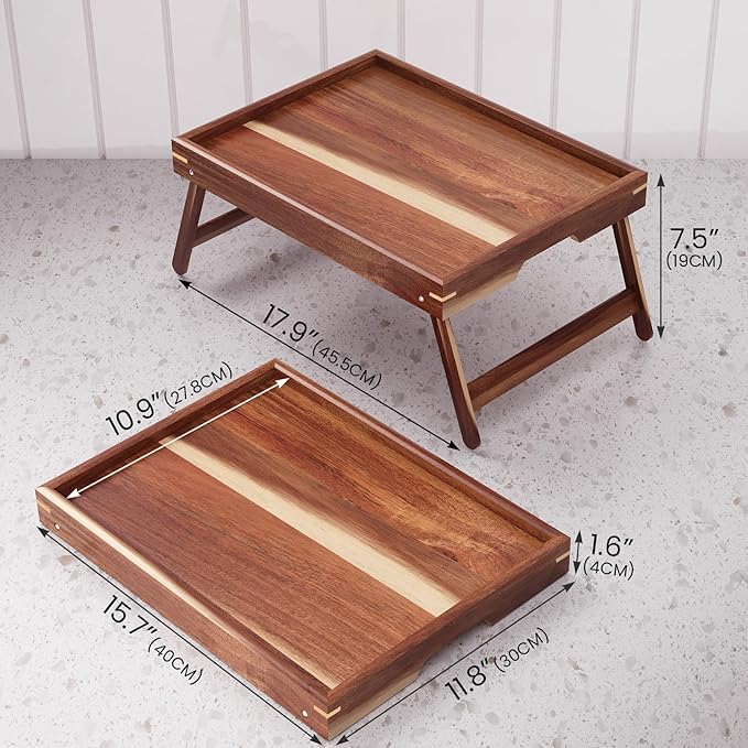 2 Pack Acacia Wood Bed Tray Table with Folding Legs,Breakfast Trays,Serving Tray for Food and Snack,Laptop Trays for Working(Natural)