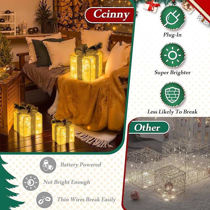 Christmas Decorations, Set of 3 Christmas Lighted Gift Boxes, Pre-lit 60 LED Light Up Present Boxes Warm White Xmas Ornaments for Indoor Outdoor Yard Lawn Home Decor (Silver Bow)