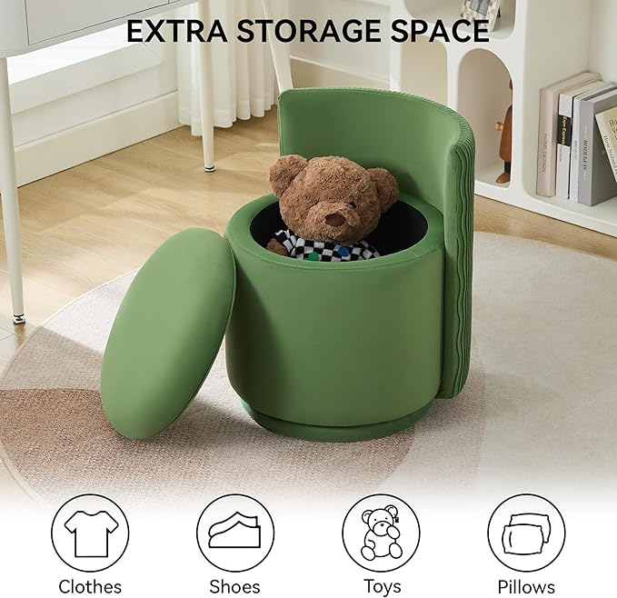 Velvet Vanity Chair with Storage, 360° Swivel Makeup Chair with Wave Back, No Assembly Small Accent Stool for Bedroom, Dressing, Living Room, Green