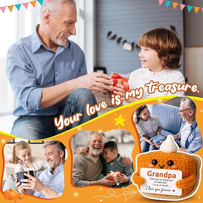 Thank You Gifts for grandpa birthday gifts, Mini Crochet Pumpkin Pie Plush, Father's Day Adorable Grandpa Presents for Halloween Thanksgiving Christmas Stocking Stuffer Emotional Small Cute Decor