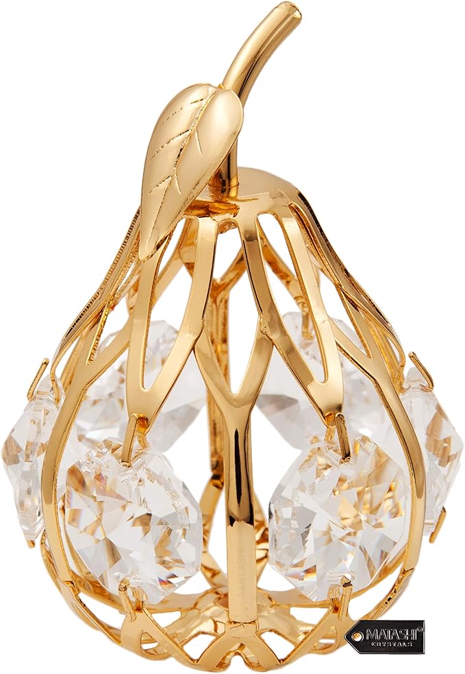 Matashi 24K Gold Plated Crystal Studded Mini Pear Ornament with Genuine Crystals for Christmas Decoration Tabletop Birthday Seasonal Gift