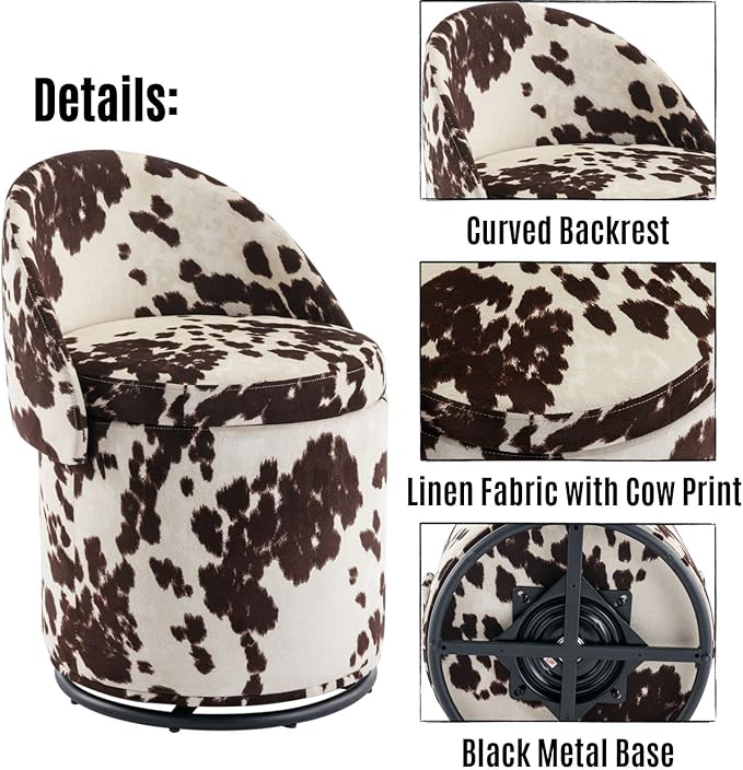 LukeAlon Linen Makeup Ottoman with Storage, Upholstered 360° Swivel Vanity Stool with Foldable Backrest Modern Cylindrical Footrest Stool for Living Room Bedroom, Cow Print