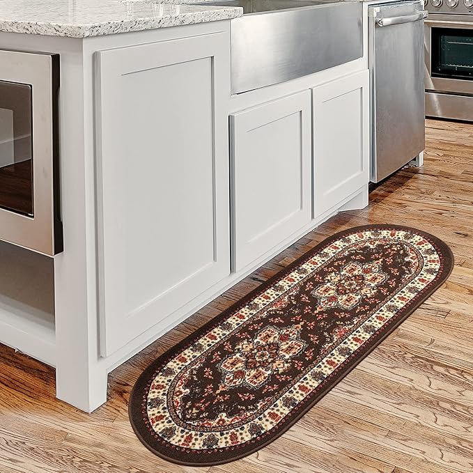 Antep Rugs Alfombras Oriental Traditional 2x5 Non-Skid (Non-Slip) Low Profile Pile Rubber Backing Kitchen Area Rugs (Brown, 2' x 5' Oval)