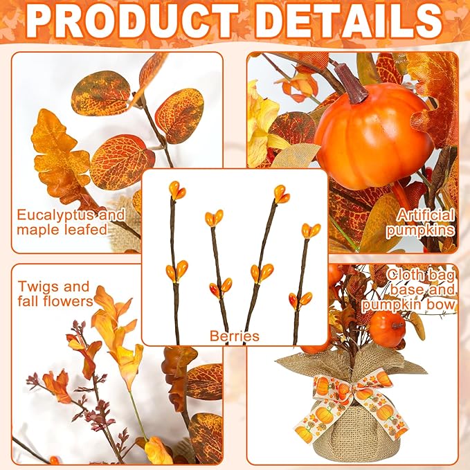 2 Pack & Timer - Lighted Fall Tree Tabletop Fall Thanksgiving Decor with 30 LED Battery Operated Artificial Eucalyptus Tree Pumpkins Floral Berry Burlap Base Fall Thanksgiving Decorations Home Indoor
