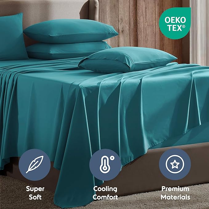 Nestl Extra Deep King Sheet Set - 6 Piece Breathable & Cooling Sheets - Hotel Luxury Bedding Set w/18-24 Inch Deep Pockets - Easy & Secure Fit - Super Soft, Wrinkle Free & Comfy - Teal