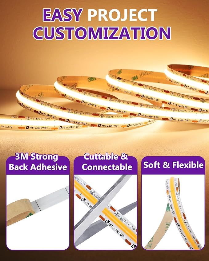 HitLights COB LED Strip Lights Warm White, 12V Tape Light 2700K 16.4ft, 2640 LEDs, 426 lm/ft, CRI 90+, IP30, Premium High Density Lighting for Kitchen, Cabinets, UL Listed (Power Source Not Included)