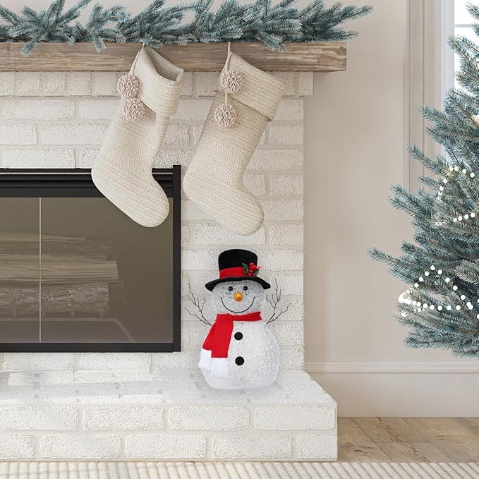 Haute Decor 17 inch Tall Spun Acrylic Snowman with Battery Operated LED Lights - Christmas and Winter Holiday Decoration for Table, Mantel, Counter, Hearth, Desk