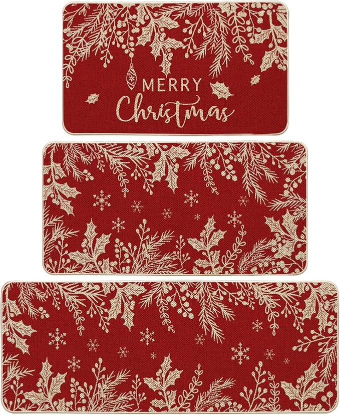 Artoid Mode Holly Pine Branches Leaves Merry Christmas Kitchen Mats Set of 2, Winter Decor Low-Profile Kitchen Rugs for Floor - 17"x29"+17"x36"+17"x47"