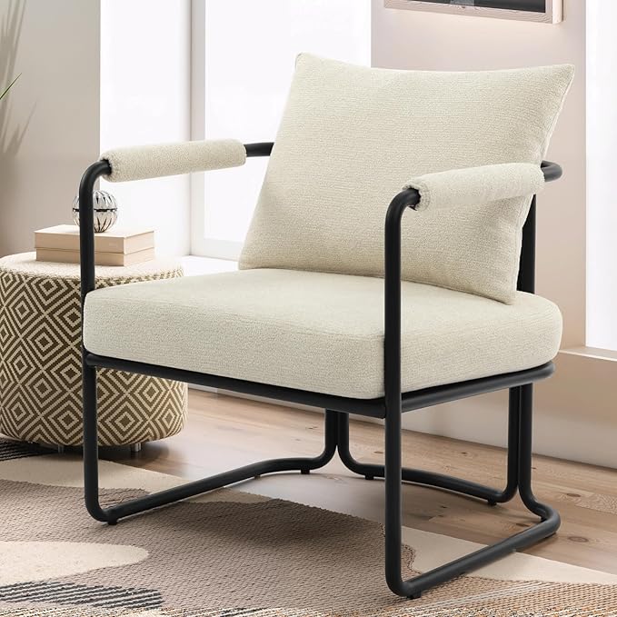 Mid-Century Modern Accent Chair, Comfy Upholstered Lounge Arm Chair with Chenille Fabric for Living Room, Bedroom, Apartment, Reading Corner, Office, Cream Beige
