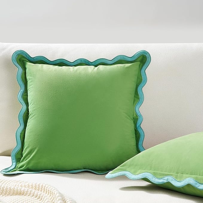 MONDAY MOOSE Decorative Throw Pillow Covers Cushion Cases, Set of 2 Soft Velvet Scalloped Wavy Edge Designs, Pillow Inserts Not Included (Light Blue/Light Green, 16x16 inch)