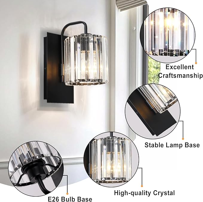 Grneric Crystal Wall Sconces,Black Sconce Wall Light Fixtures Modern Sconces Wall Lighting Single Indoor Wall Sconce for Living Room Bathroom Hallway Bedroom Stairway 10 Inch