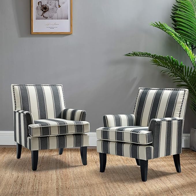 HULALA HOME Modern Accent Chairs Set of 2, Farmhouse High Back Striped Chairs with Wooden Legs & Nail Head Trim, Comfy Upholstered Armchairs for Living Room/Bedroom (Stripe Black)