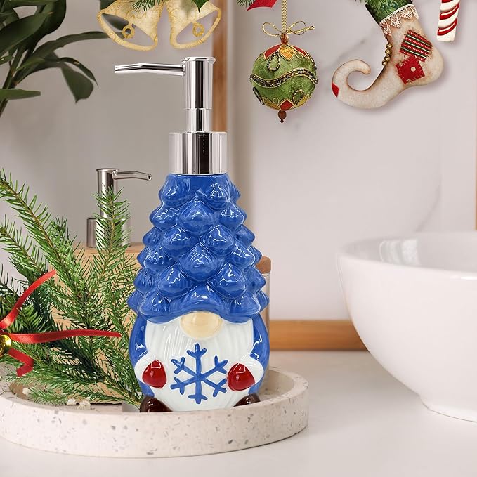 Hexagram Christmas Soap Dispenser, Christmas Kitchen Bathroom Decor, Xmas Blue Gnome Ceramic Soap Dispenser for Home Indoor Decorations, Xmas Refillable Lotion Essential Oil Dispensers with Pump