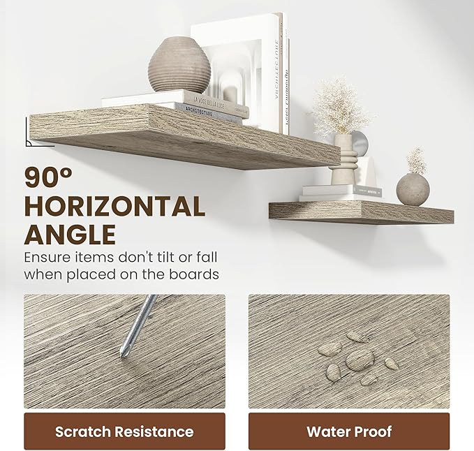 24 Inch Floating Shelves, 12 Inch Deep Floating Shelves for Wall, Floating Shelf with Invisible Brackets, Deep Shelves for Bathroom, Bedroom, Living Room, 2 Pack, Vintage Gray Oak