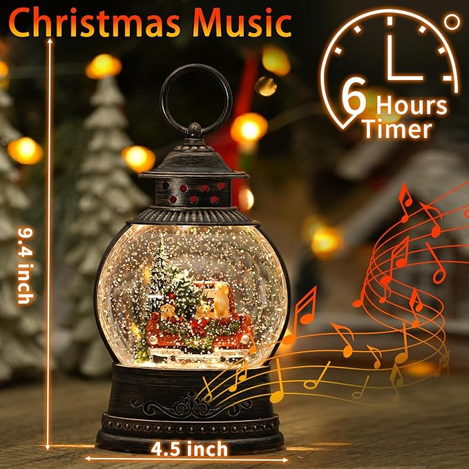 Dog Snow Globe Lighted Christmas Decorations, Musical Snow Globe Lantern with Swirling Glitter, Red Truck Christmas Tree Holiday Party Gifts and Decorations, USB & Battery Operated