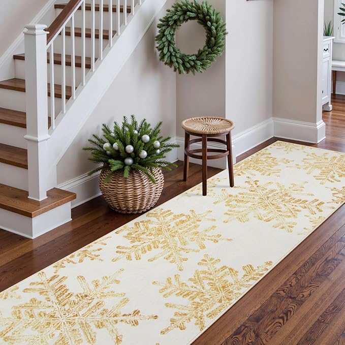 Lahome Snowflake Christmas Runner Rug, 2x6 Non Slip Christmas Rug Runners for Hallways Non Skid Washable Runner Rug Holiday Decor Carpet Runner for Kitchen Bedroom Laundry(2x6ft,Gold)