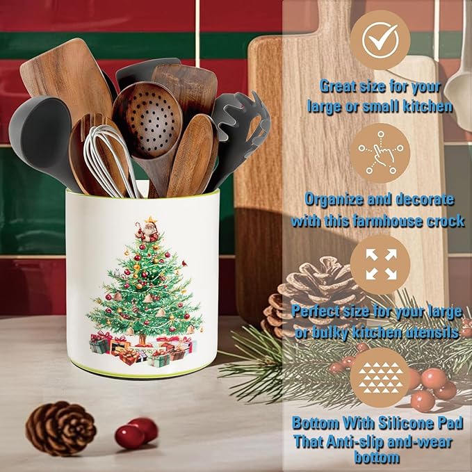Christmas Utensil Holder, Christmas Tree Utensils Holder for Christmas Kitchen Decor, Xmas Cute Ceramic Utensils Crock for Rustic Farmhouse Indoor Kitchen Decorations