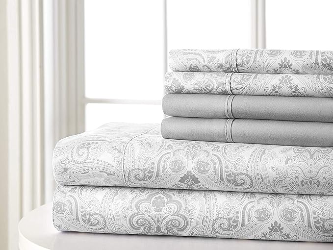 Spirit Linen home Twin Size Bed Sheets Set Deep Pockets - 6PC Paisley Ultra Soft Microfiber Bed Sheets - Easy to Clean, 90 Thread Count Sheets with Fitted Sheet, Flat Sheet & Pillowcases (Light Grey)