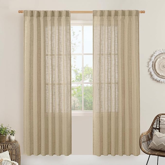 LAMIT Light Filtering Linen Curtains 78 inch for Bedroom, Faux Linen Textured Semi Sheer Back Tab and Rod Pocket Boho Modern Drapes for Living Room/Farmhouse, Brown, 2 Panels, 52 x 78 Inch
