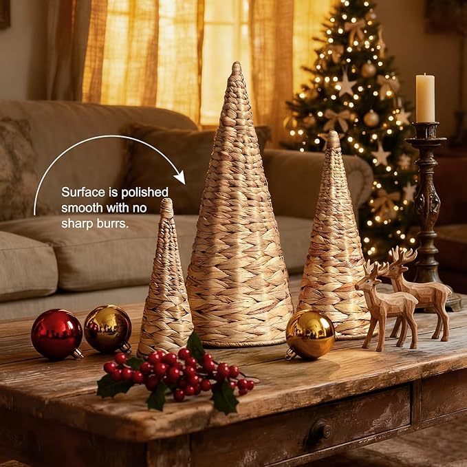 3pcs Woven Water Hyacinth Christmas Trees Decor, Artificial Christmas Tree Decorations for Home Party Table Village Craft Indoor Outdoor Vintage Christmas Decor(Natural)