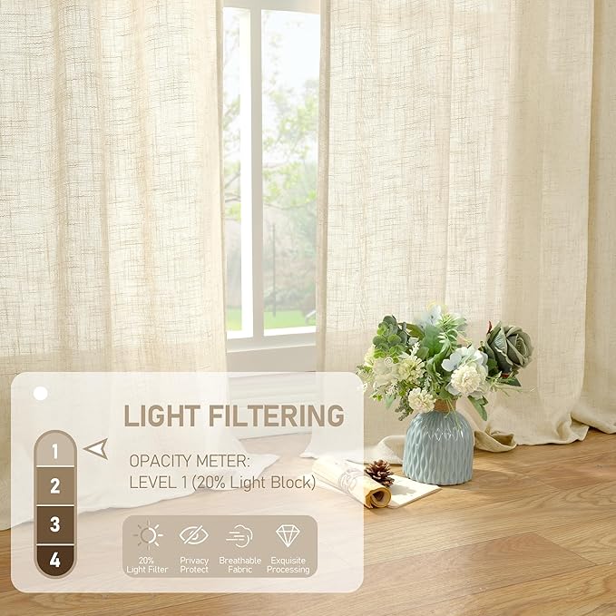 LAMIT Beige Linen Curtains for Living Room 2 Panels Set, 78 Inch Faux Linen Textured Light Filtering Drapes Back Tab and Rod Pocket Boho Panels for Farmhouse/Bedroom/Porch, 52 x 78 Inch