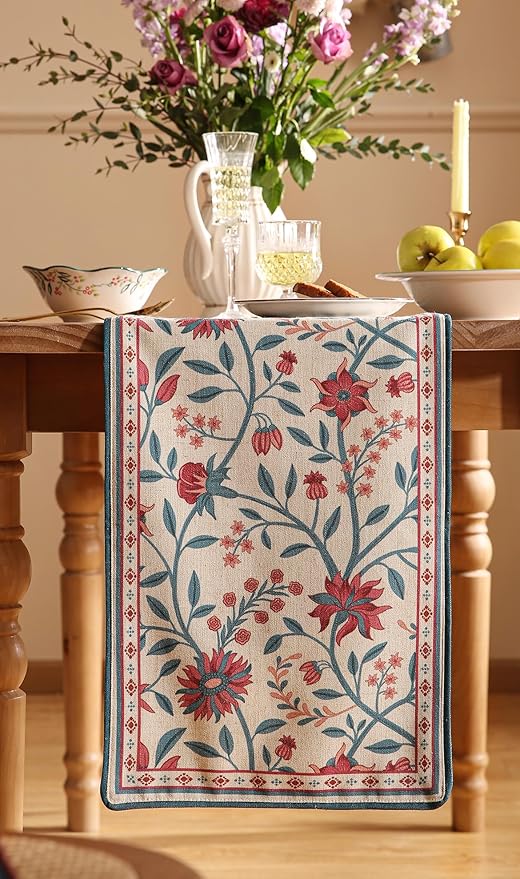 Farmhouse Berry Red Floral Cloth Runner for Coffee Table,71 Inches Long Linen French Table Runners,Decor Tabletop for Kitchen,Dining,Tea Party,Home,Christmas,12"*71"
