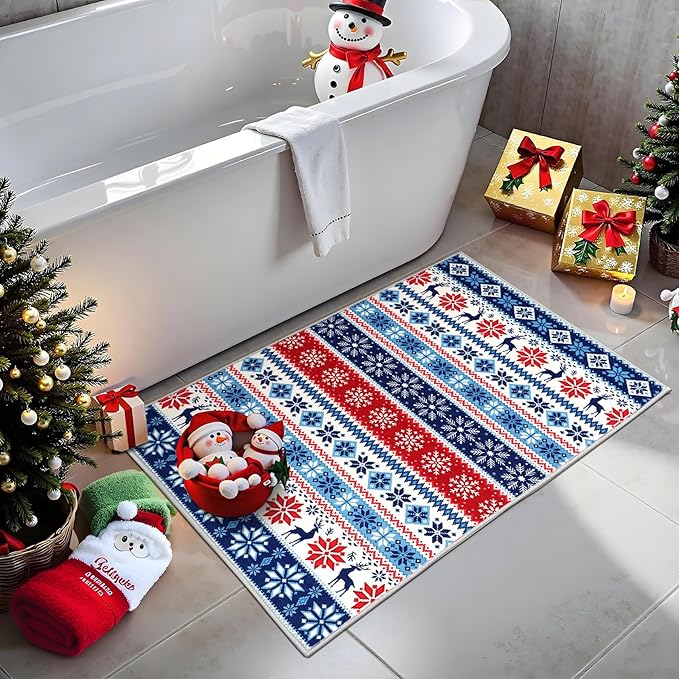 Small Entryway Area Rug 2x3 Christmas Rug Indoor Non-Slip Front Door Mat Washable Boho Rug Xmas Decorative Throw Floor Covers Farmhouse Geometric Festival Carpet for Living Room Bedroom, Blue