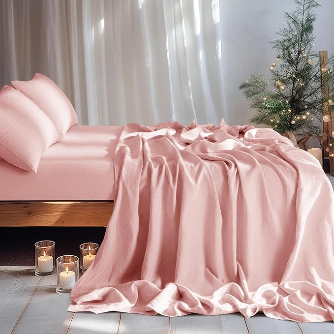 LBRO2M 100% Linen Sheet Set 16" Deep Pocket Full Size,Bed Sheets 4 Piece Sets,Solid Color Natural Flax Bed Sheets Soft Breathable Bedding, All Season (Full, Blush Pink)