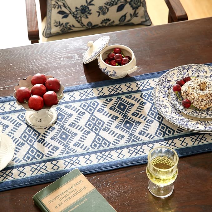 Chinoiserie Blue Stripe Cloth Runner for Table,Decorative Farmhouse Linen 87 Inches Long Table Runners,Decor Tabletop for Kitchen,Dining,Party,Home,Christmas,12"*87"